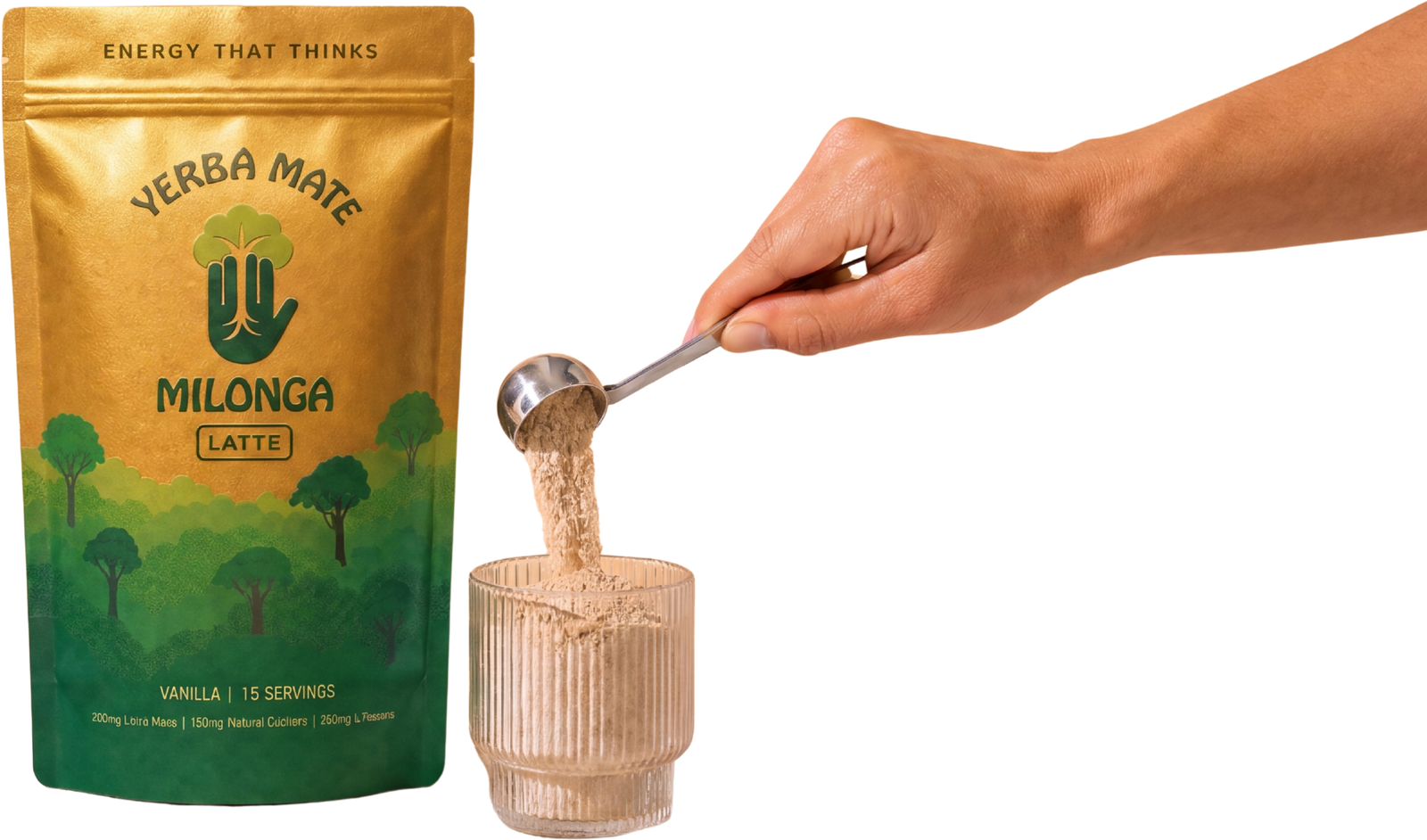 Scooping Milonga Mate Latte powder into a glass