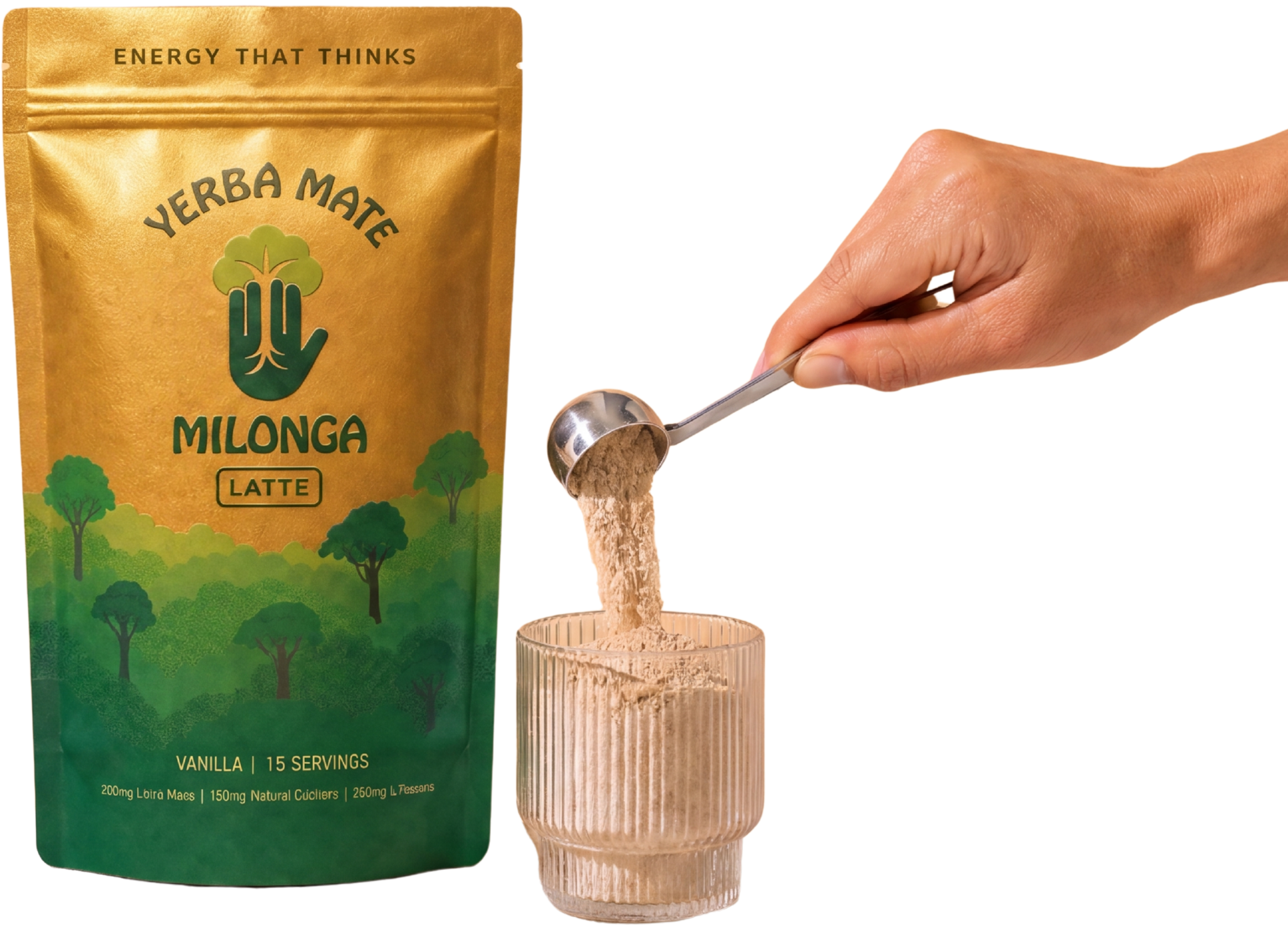 Scooping Milonga Mate Latte powder into a glass