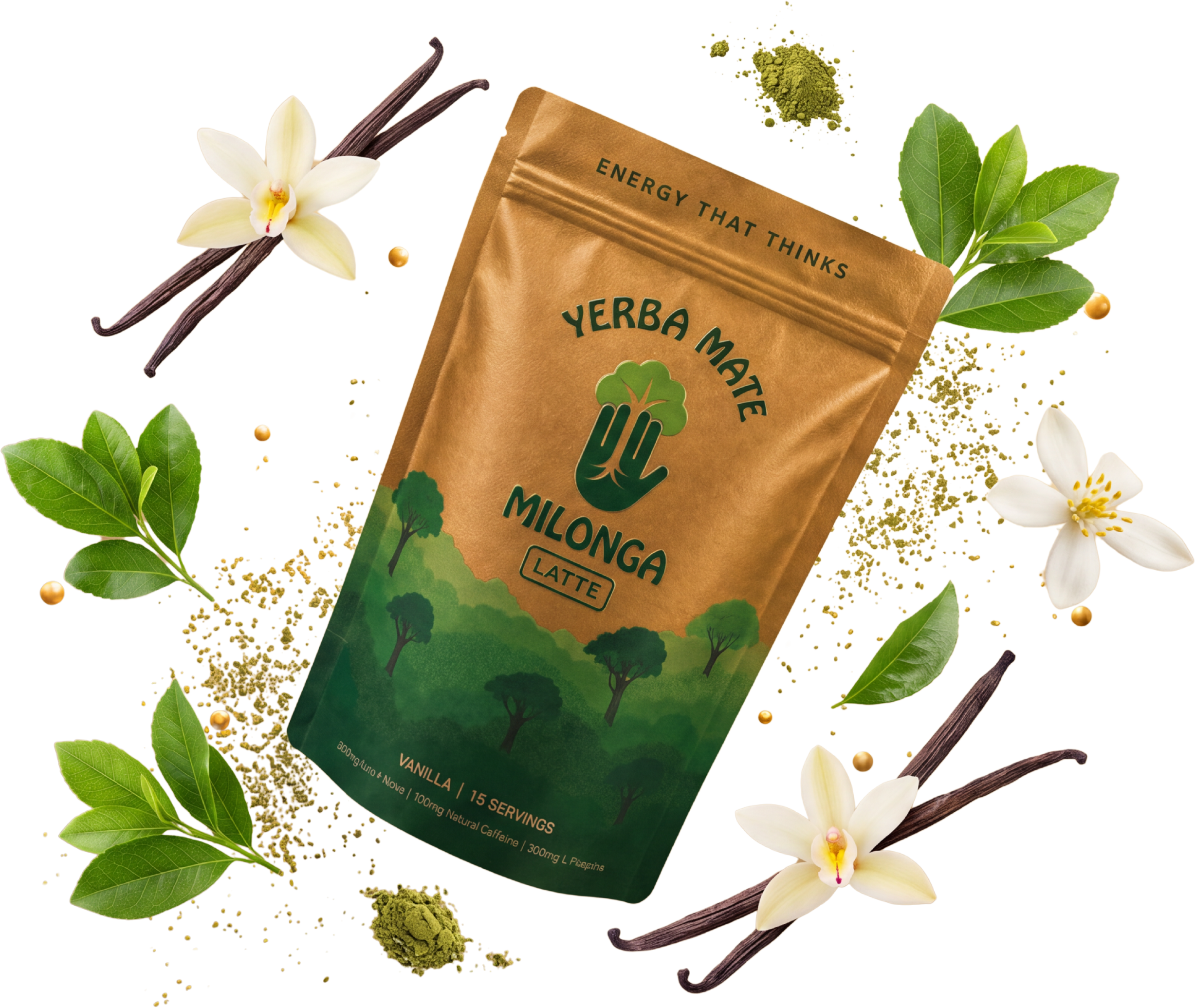 Milonga Mate Latte bag with vanilla, mate leaves and powder