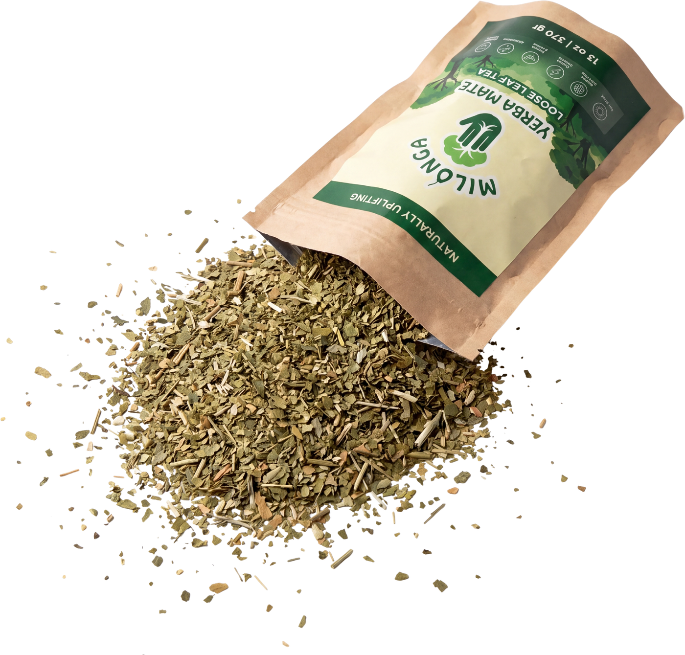 Milonga loose leaf yerba mate pouring from the bag